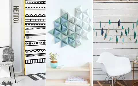 Inspirujące pomysły na rękodzieło w domu: ozdobione drzwi, geometryczna dekoracja ścienna i piórkowa girlanda.