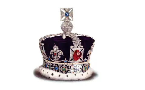 Korona ozdobiona klejnotami, w tym rubinowy spinel, diamenty i szafiry, na aksamitnym tle.