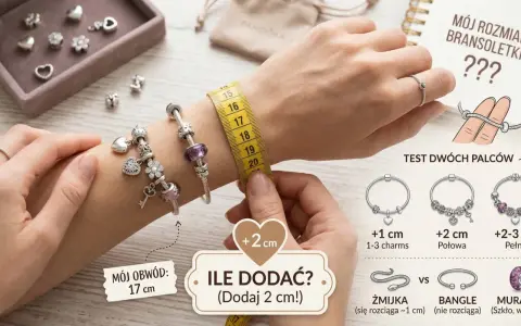 Dłoń z bransoletką i centymetrem, obok ilustracje z poradnikiem doboru rozmiaru.