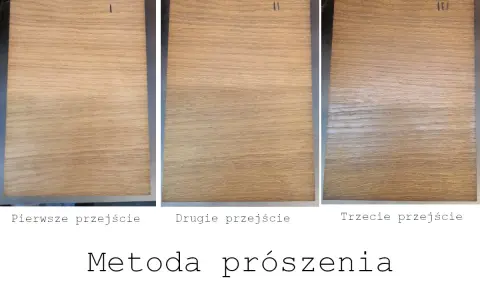 Trzy próbki drewna z różną liczbą warstw bejcy. Pierwsza próbka ma jedną warstwę, druga dwie, a trzecia trzy. Widać, jak bejca stopniowo przyciemnia drewno.