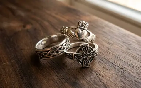 Trzy srebrne pierścionki: Claddagh, symbol przyjaźni, celtycki krzyż i pierścień z węzłem.