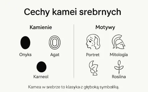 Kamea w srebrze: kamienie (onyks, agat, karneol) i motywy (portret, mitologia, roślina). Klasyka z głęboką symboliką.