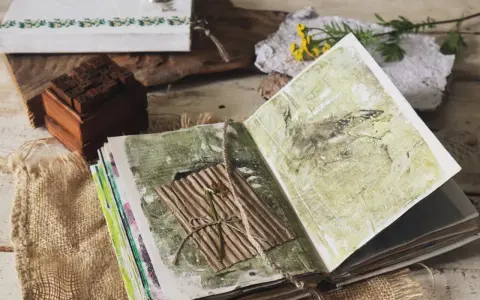 Otwarty notatnik do art journalingu z zielonymi, abstrakcyjnymi wzorami. Na jednej ze stron znajduje się suszony kwiat na pogniecionej tekturze.
