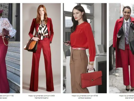 Eleganckie stylizacje w odcieniach czerwieni i **kolor wiśniowy**. Kobiety prezentują modne garnitury, sukienki i płaszcze, podkreślając swój styl.