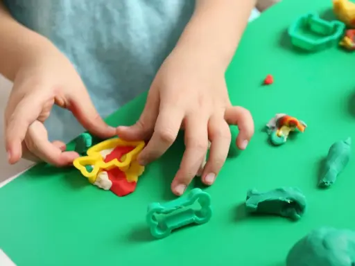 Dziecko bawi się kolorową modeliną i plasteliną, tworząc różne kształty.