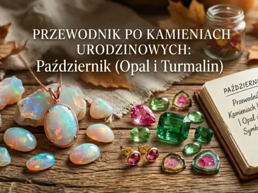 Opal i turmalin, kamienie urodzeniowe października, lśnią obok naszyjnika i kolczyków. Przewodnik po symbolice i uroku.