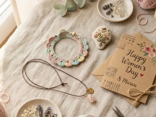 Kolorowa, szydełkowa zawieszka do telefonu, gotowa do ozdobienia. Obok kartka "Happy Women's Day" i motki włóczki.