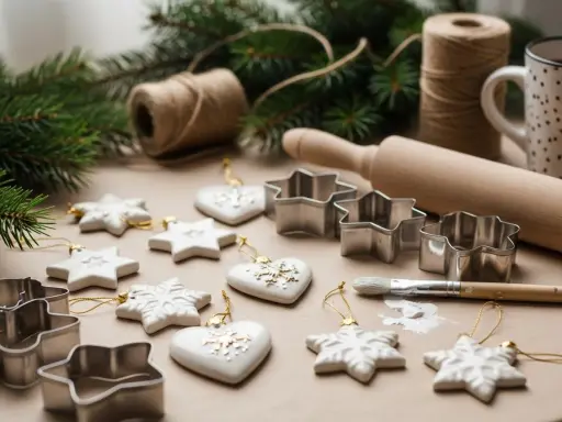 Białe ozdoby choinkowe w kształcie gwiazdek i serc, wykonane z masy porcelanowej, czekają na świąteczne dekorowanie. Obok wałek, foremki i pędzelek.