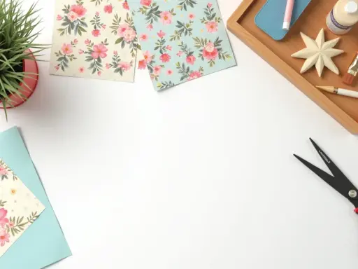 Materiały do decoupage krok po kroku: papiery z kwiatami, nożyczki, pędzel, klej i ozdobna gwiazdka.