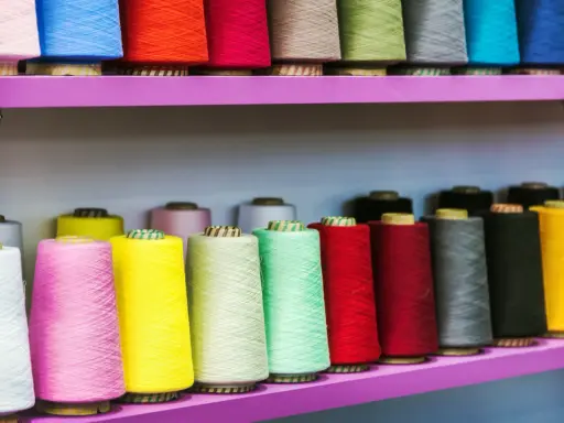 Kolorowe szpulki nici, idealne jako sznurek na bransoletki. Różne odcienie, od bieli po czerwień i zieleń, ułożone na półkach.