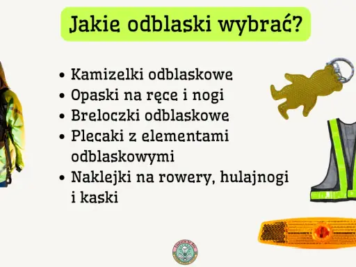 Różne rodzaje odblasków na ubrania: kamizelki, opaski, breloczki, plecaki i naklejki. Zwiększ swoją widoczność!