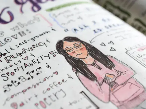 Zapiski w bullet journalu: co to jest? Rysunek dziewczyny, lista rzeczy do kochania: praca, bieganie, spontaniczność, kawa.