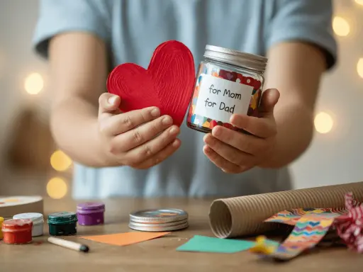 Dzień Matki: własnoręczny prezent dla mamy od dziecka. Słoik z sercem i napisem "for Mom for Dad" to dowód miłości.