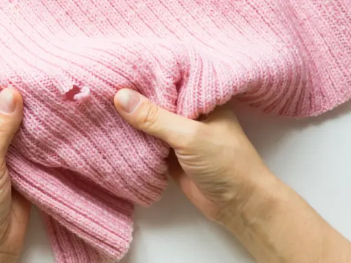Dłonie trzymają różowy sweter z dziurą, pokazując problem, jak zaszyć dziurę w dresach.