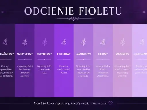 Paleta odcieni fioletu: śliwkowy, bakłażanowy, ametystowy, purpurowy, fioletowy, lawendowy, liliowy, wrzosowy, jasnofioletowy, lawendowy mgiełkowy.