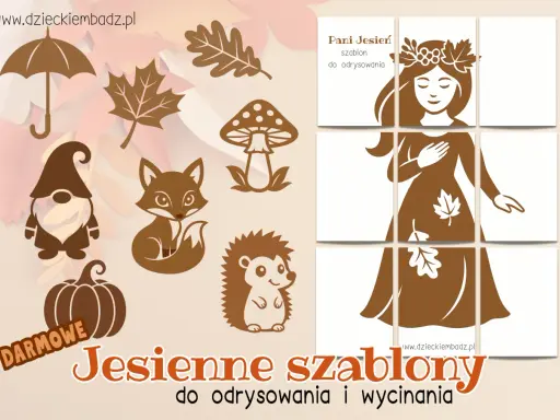 Jesienne szablony do odrysowania: Pani Jesień, parasol, dynia, lis, jeż, grzyb, krasnal i liście.