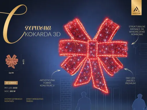 Efektowna, czerwona kokardka 3D z migoczącymi diodami LED, idealna do świątecznych dekoracji.