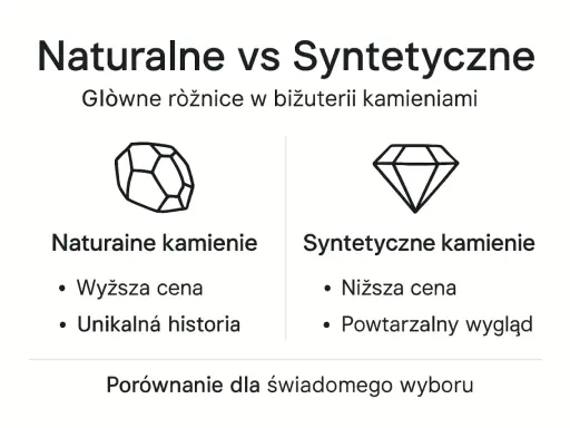 Porównanie naturalnych i syntetycznych kamieni: wyższa cena i unikalna historia vs niższa cena i powtarzalny wygląd.