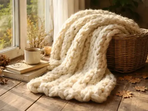 Ciepły koc wykonany techniką arm knitting, leżący obok koszyka, książek i kubka kawy przy oknie.