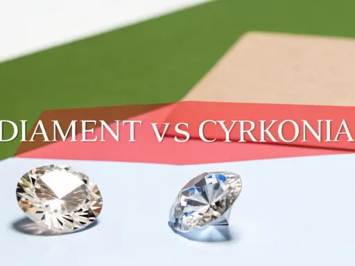 Dwa błyszczące kamienie, jeden przypominający diament, drugi cyrkonię, na tle napisu "DIAMENT VS CYRKONIA". Cyrkon właściwości są porównywane.