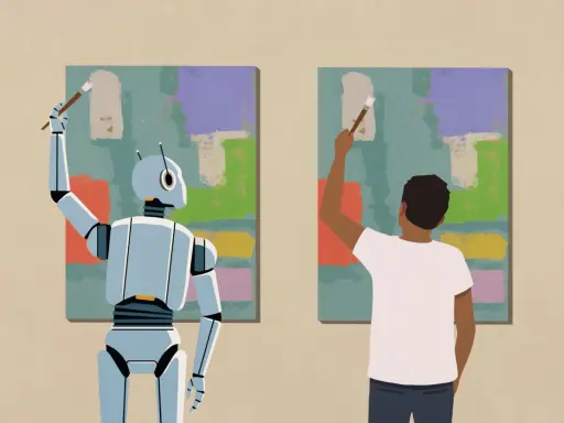 Robot i człowiek tworzą sztukę AI, malując abstrakcyjne obrazy obok siebie.