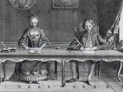 Para pisze przy stole z piórami i atramentem.
