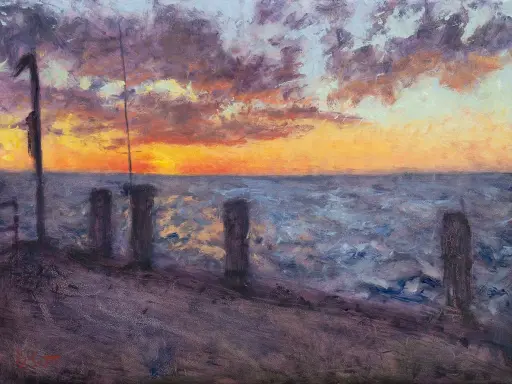 Zachód słońca nad morzem, namalowany w stylu impresjonistycznym. Idealne obrazy dla początkujących, by uchwycić piękno natury.