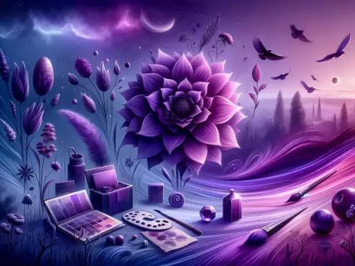 Artystyczna wizja, gdzie znaczenie koloru fioletowego ożywa w magicznym krajobrazie. Fioletowe kwiaty, ptaki i artystyczne przybory tworzą surrealistyczny sen.