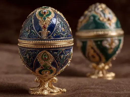 Dwa ozdobne jajka Fabergé, jedno niebieskie, drugie zielone, stoją na złotych podstawkach. Czy to zaginione jajka Fabergé?