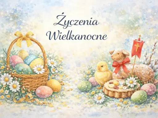Uroczy szablon życzenia wielkanocne: koszyk z pisankami, baranek, kurczaczek i babeczka.
