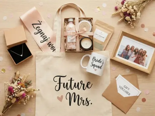 Prezent na wieczór panieński: torba z napisem "Future Mrs.", biżuteria, kosmetyki, zdjęcie i upominki.