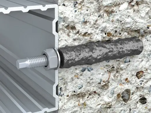 Przekrój profilu aluminiowego z widocznym elementem mocującym, który wchodzi w beton. To jest właśnie ankier – co to jest, widać na obrazku.