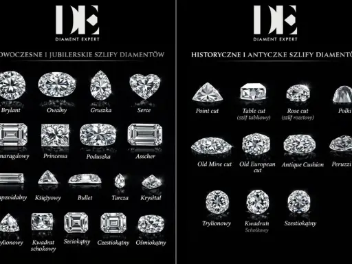 Kolekcja nowoczesnych i historycznych szlifów diamentów, w tym brylant, owalny, serce, szmaragdowy, princessa, point cut, rose cut, old mine cut, antique cushion.