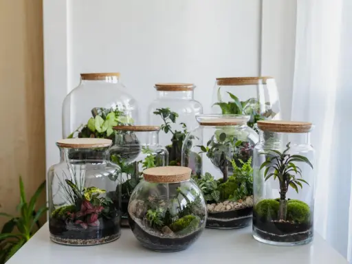 Miniature worlds thrive in glass jars. Różnorodne rośliny tworzą piękny ekosystem w słoiku, zamknięty pod korkiem.