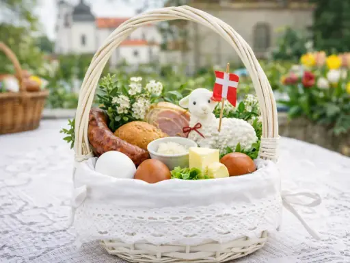 Biały koszyczek wielkanocny dla dziecka: jajka, kiełbasa, chleb, masło, baranek z flagą. Idealne co do koszyczka wielkanocnego dla dziecka.