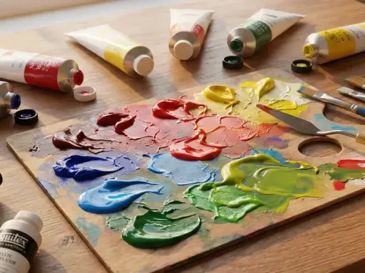 Kolorowa paleta malarska z tubkami farb i pędzlami na drewnianym stole.