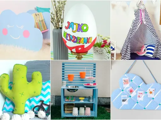 Sześć zdjęć z pomysłami na prezenty DIY dla noworodka: chmurka, jajko, tipi, kaktus, kuchnia i tablica.