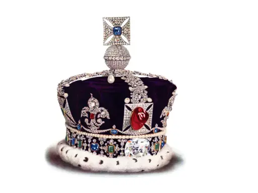 Korona ozdobiona klejnotami, w tym rubinowy spinel, diamenty i szafiry, na aksamitnym tle.
