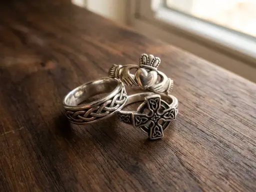 Trzy srebrne pierścionki: Claddagh, symbol przyjaźni, celtycki krzyż i pierścień z węzłem.