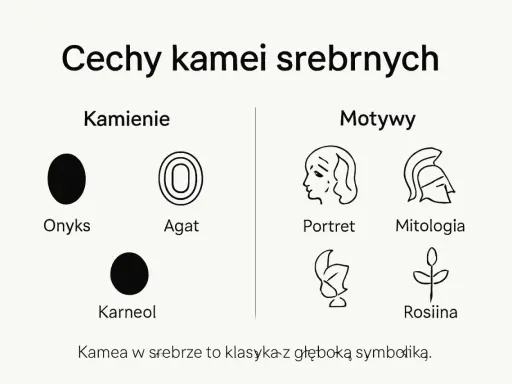 Kamea w srebrze: kamienie (onyks, agat, karneol) i motywy (portret, mitologia, roślina). Klasyka z głęboką symboliką.