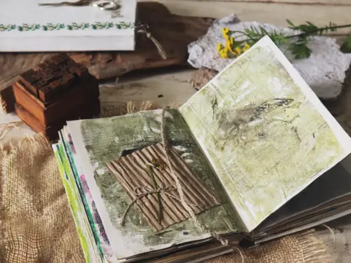 Otwarty notatnik do art journalingu z zielonymi, abstrakcyjnymi wzorami. Na jednej ze stron znajduje się suszony kwiat na pogniecionej tekturze.