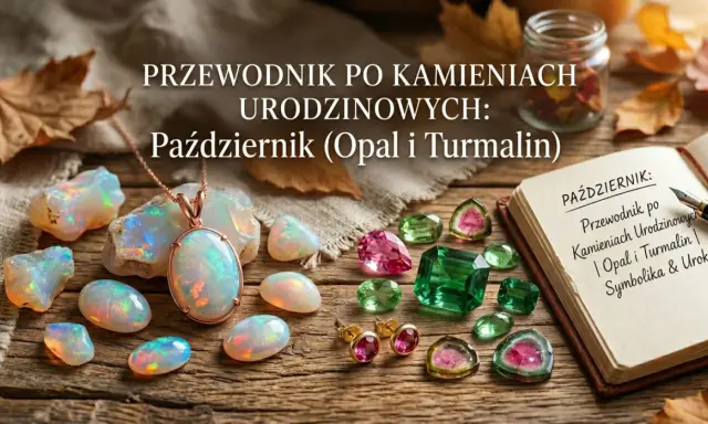 Opal i turmalin, kamienie urodzeniowe października, lśnią obok naszyjnika i kolczyków. Przewodnik po symbolice i uroku.