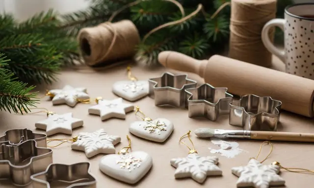 Białe ozdoby choinkowe w kształcie gwiazdek i serc, wykonane z masy porcelanowej, czekają na świąteczne dekorowanie. Obok wałek, foremki i pędzelek.