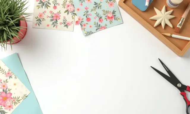 Materiały do decoupage krok po kroku: papiery z kwiatami, nożyczki, pędzel, klej i ozdobna gwiazdka.