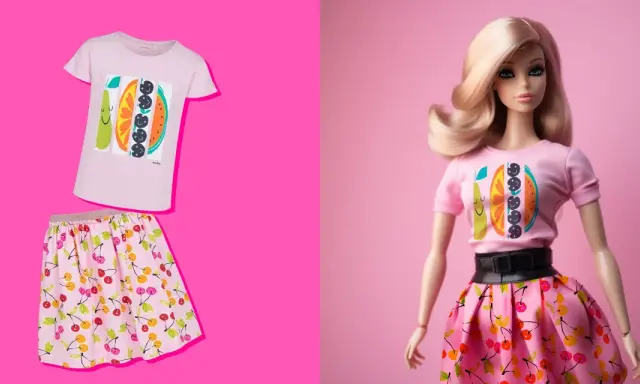 Lalka w stylizacji Barbie w różowym T-shircie z owocowym motywem i spódniczce w wiśnie.