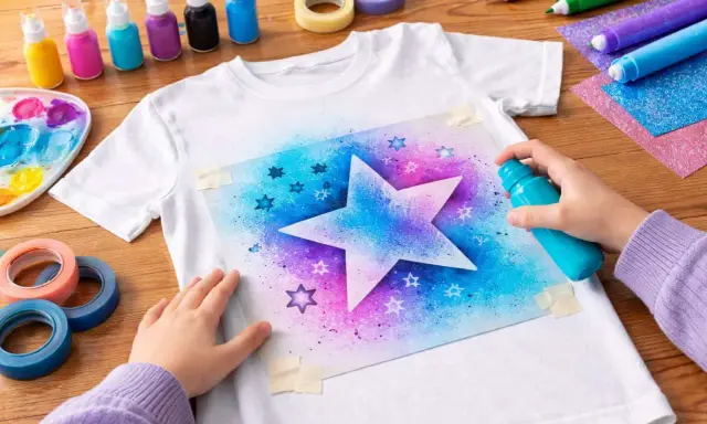Dziecko tworzy wzór gwiazd na koszulce, używając sprayu do malowania na tkaninie.