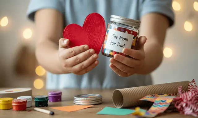 Dzień Matki: własnoręczny prezent dla mamy od dziecka. Słoik z sercem i napisem "for Mom for Dad" to dowód miłości.
