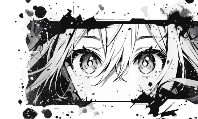 Intensywny manga rysunek przedstawiający wielkie, błyszczące oczy postaci, otoczone rozbryzgami tuszu i fragmentami twarzy.