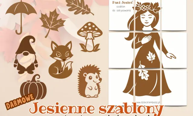 Jesienne szablony do odrysowania: Pani Jesień, parasol, dynia, lis, jeż, grzyb, krasnal i liście.
