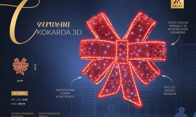 Efektowna, czerwona kokardka 3D z migoczącymi diodami LED, idealna do świątecznych dekoracji.